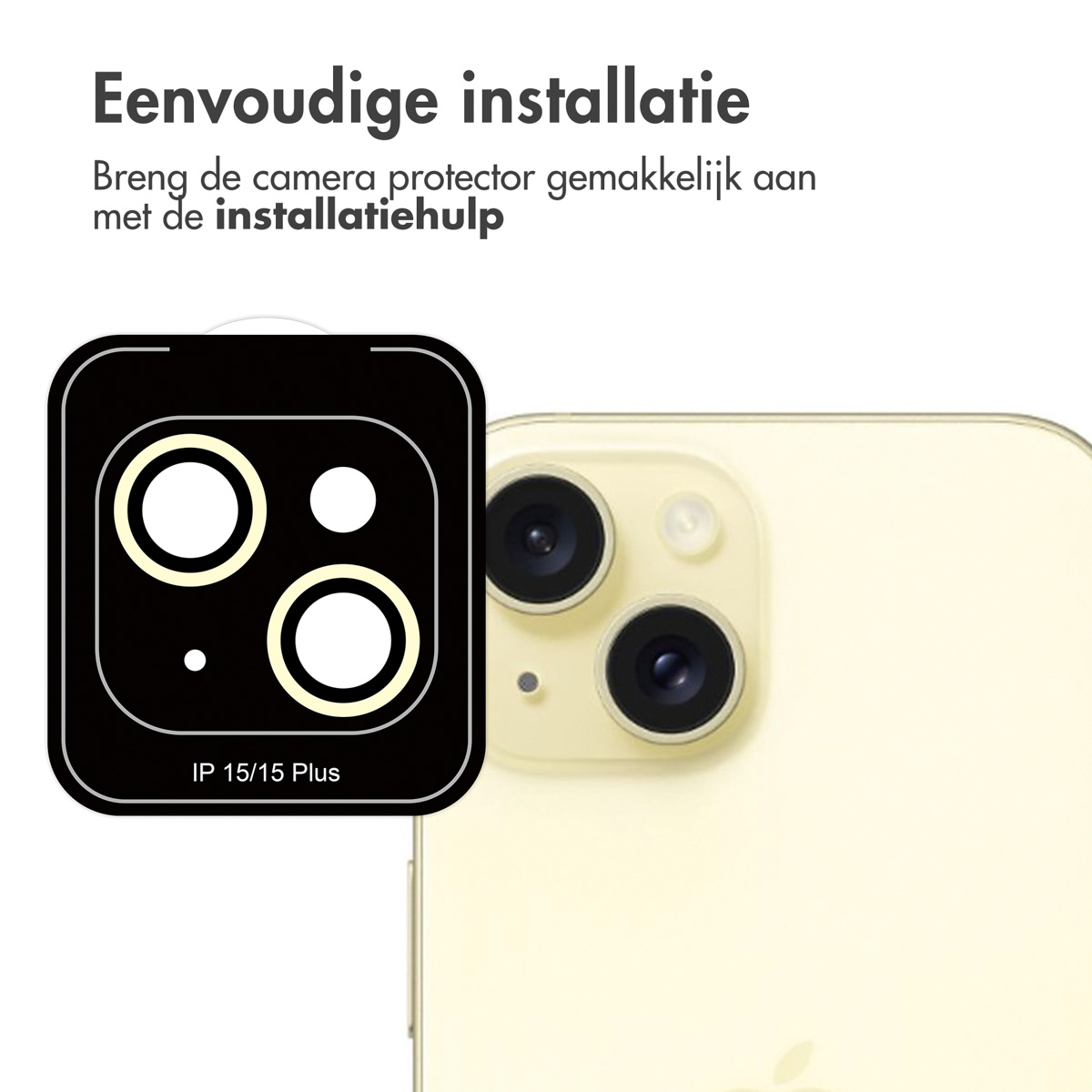 An iPhone camera lens protector installed on a light-yellow iPhone.