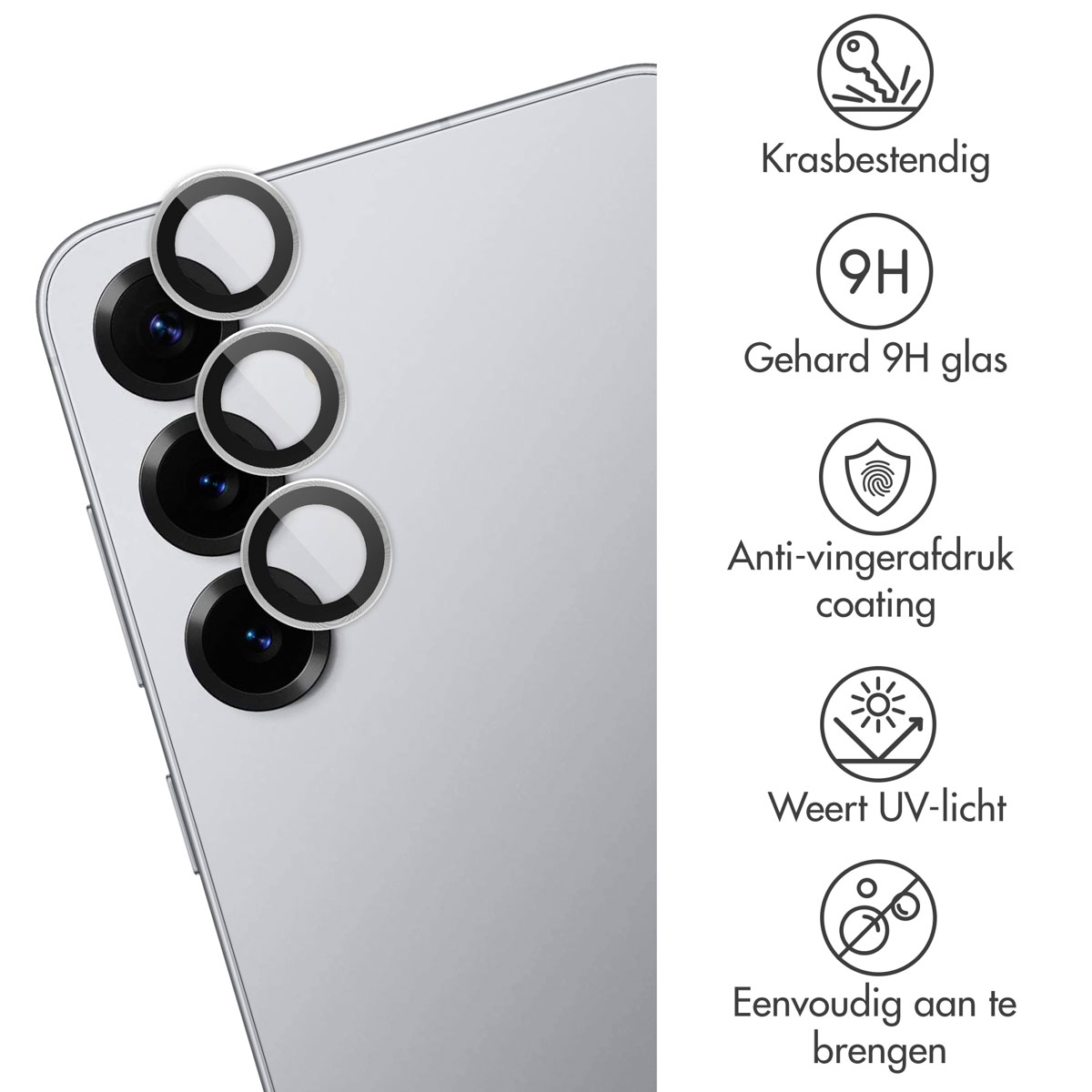 Téléphone avec protecteurs d'objectif. Protecteurs transparents sur les lentilles de l'appareil photo du téléphone. Texte avec icônes.