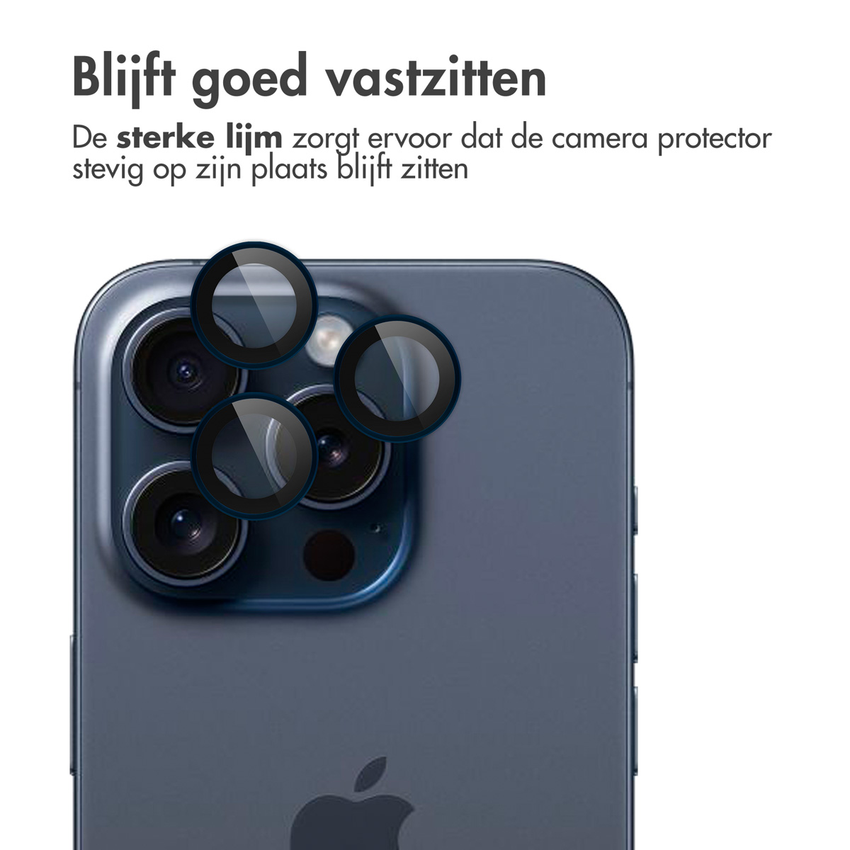 Un téléphone bleu avec des protecteurs d'appareil photo sur les objectifs. Texte : « Blijft goed vastzitten ».