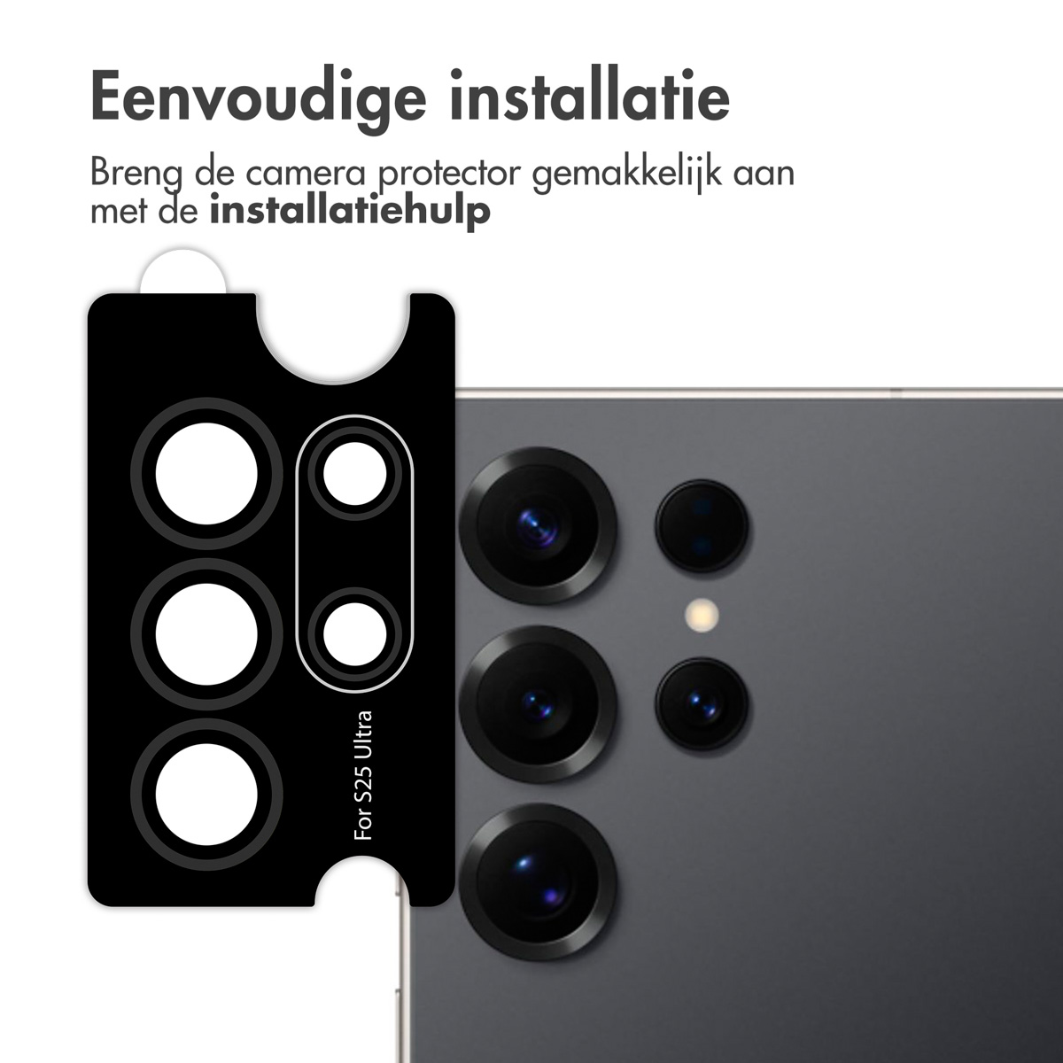 Telefoon met camerabeschermers. Tekst: 'Eenvoudige installatie'.