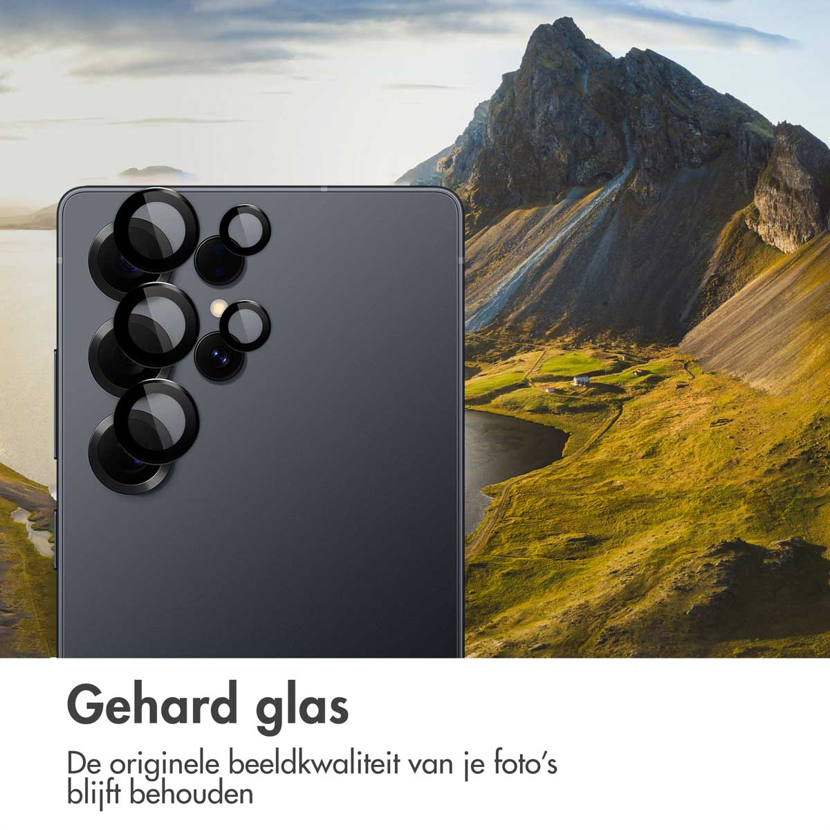 Zwarte telefoon met cameralensbeschermers op een landschapsachtergrond. De tekst zegt: 'Hard glas'.
