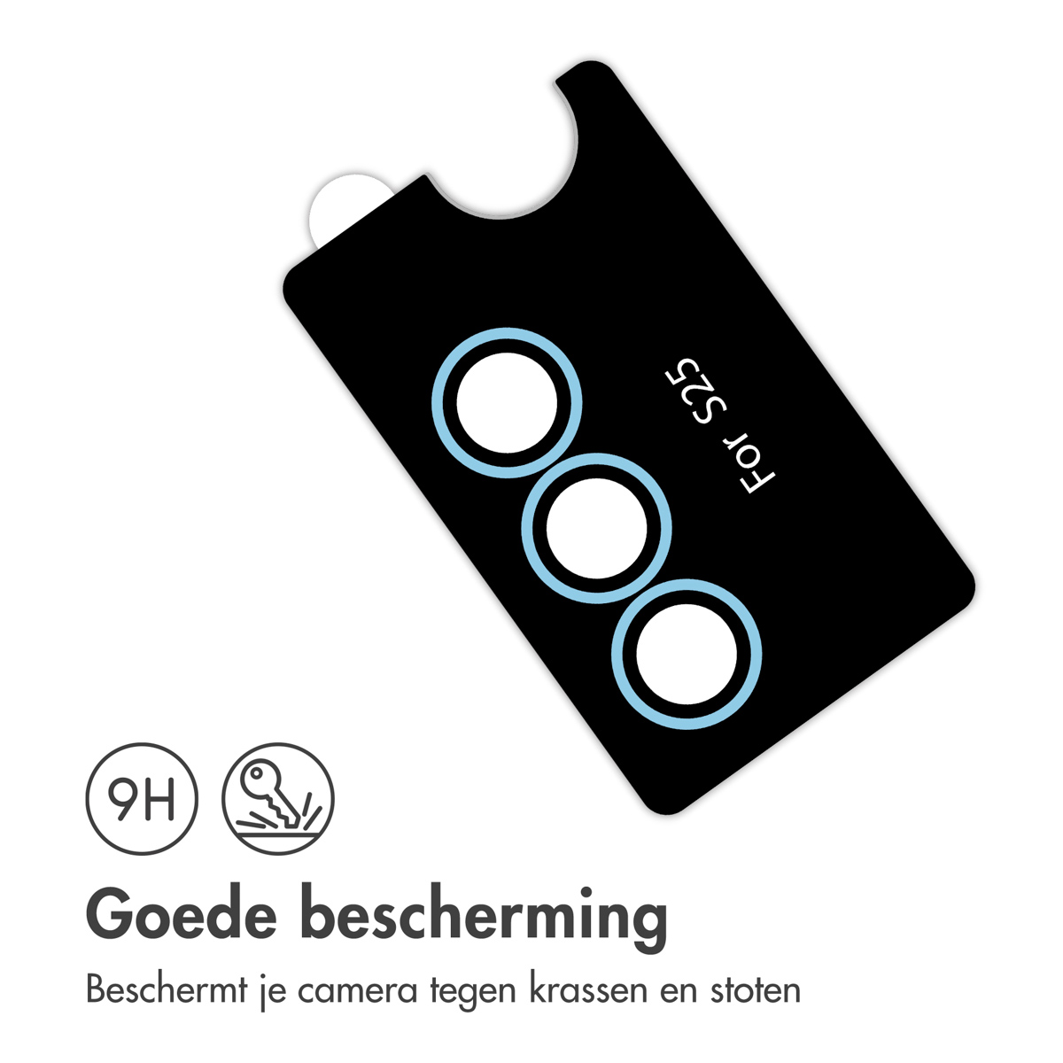 Zwarte telefoonlensbeschermer. Tekst: Goede bescherming, beschermt camera tegen krassen en stoten.