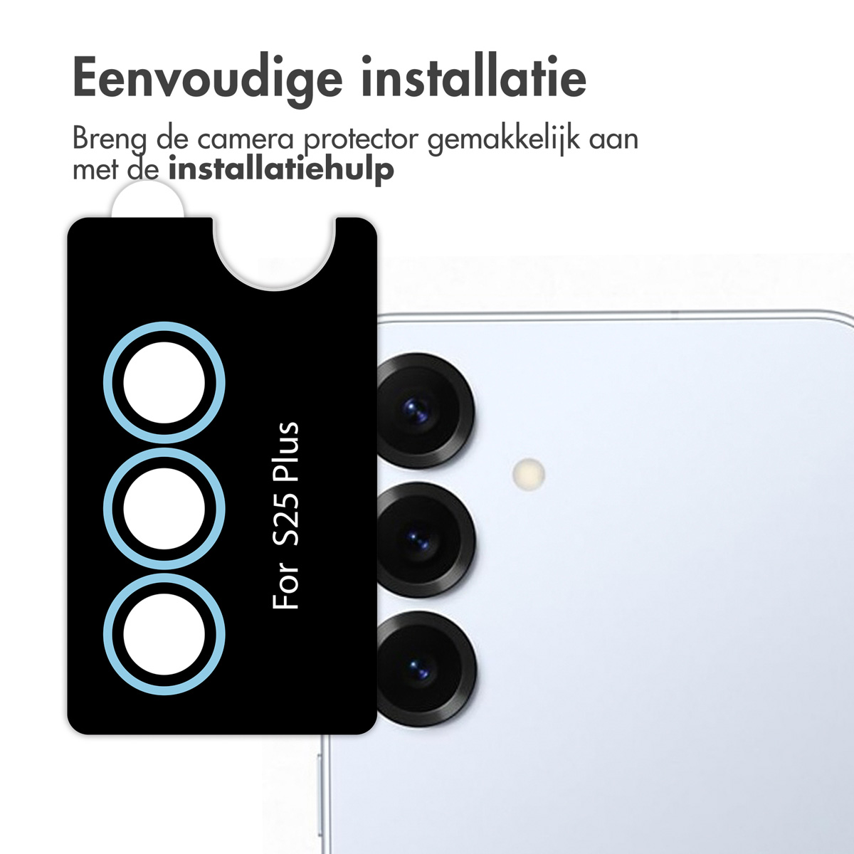 Téléphone avec protections et un outil d'installation. Le texte sur l'outil indique 'S23 Plus'.