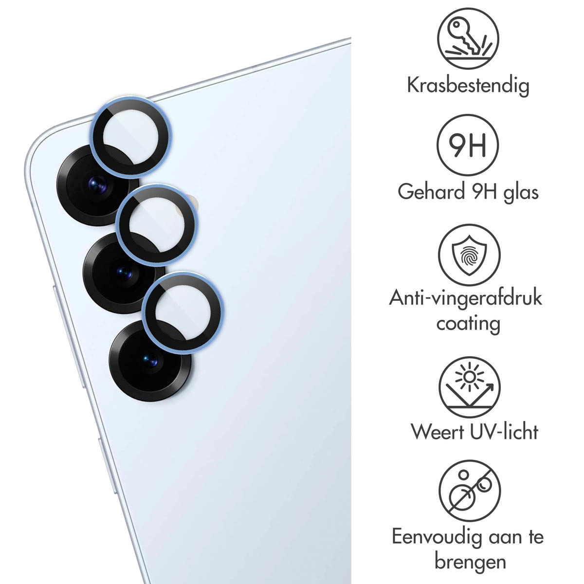 Téléphone blanc avec protections d'objectif, icônes de protection et texte : 'Gehard glas'.