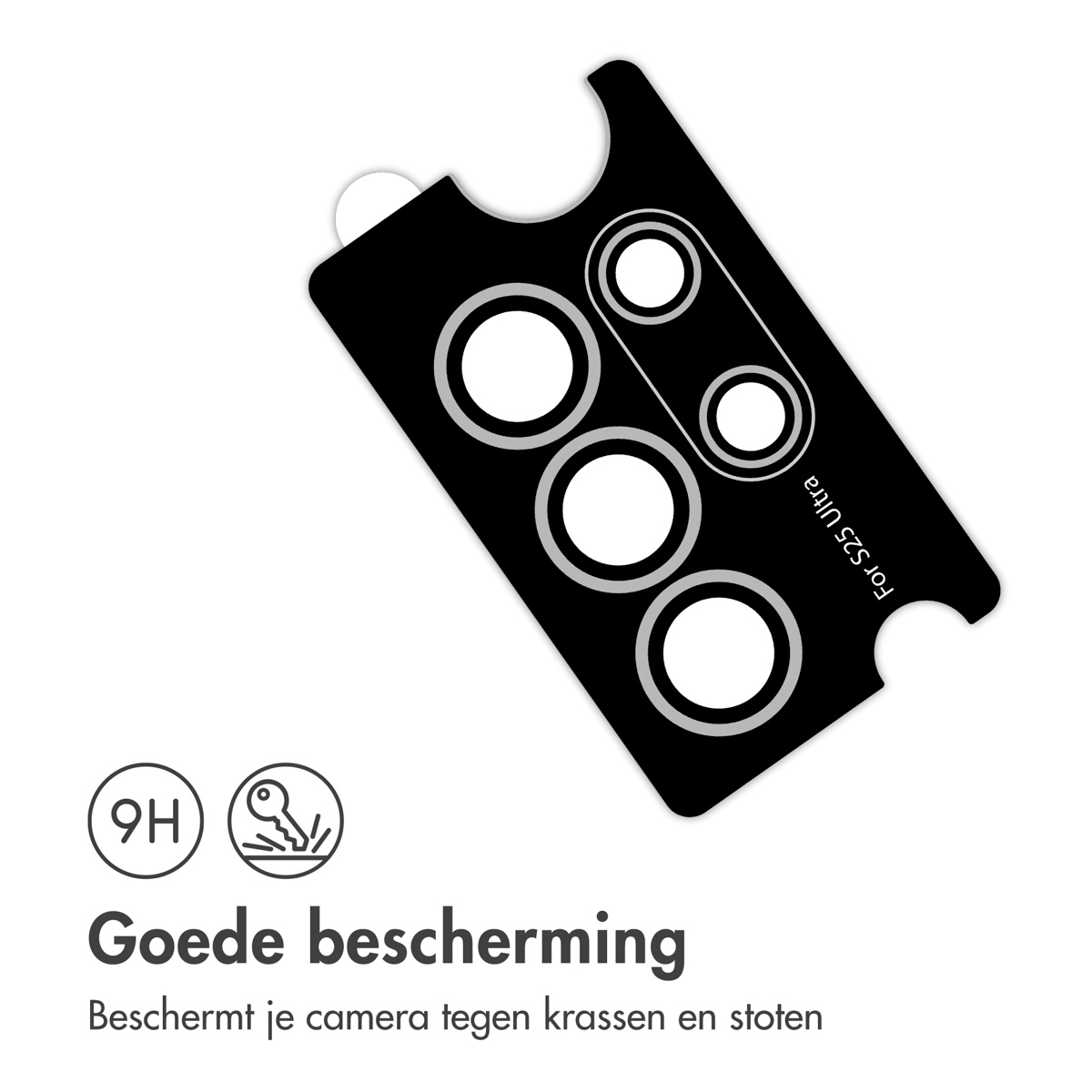 Beschermfolie voor een telefooncamera. Er staat 'Goede bescherming'.