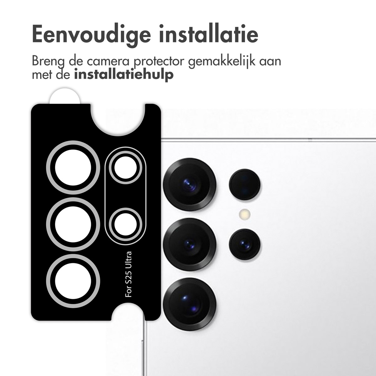 Zwarte cameralensbeschermer voor S25 Ultra, over telefoonlenzen.