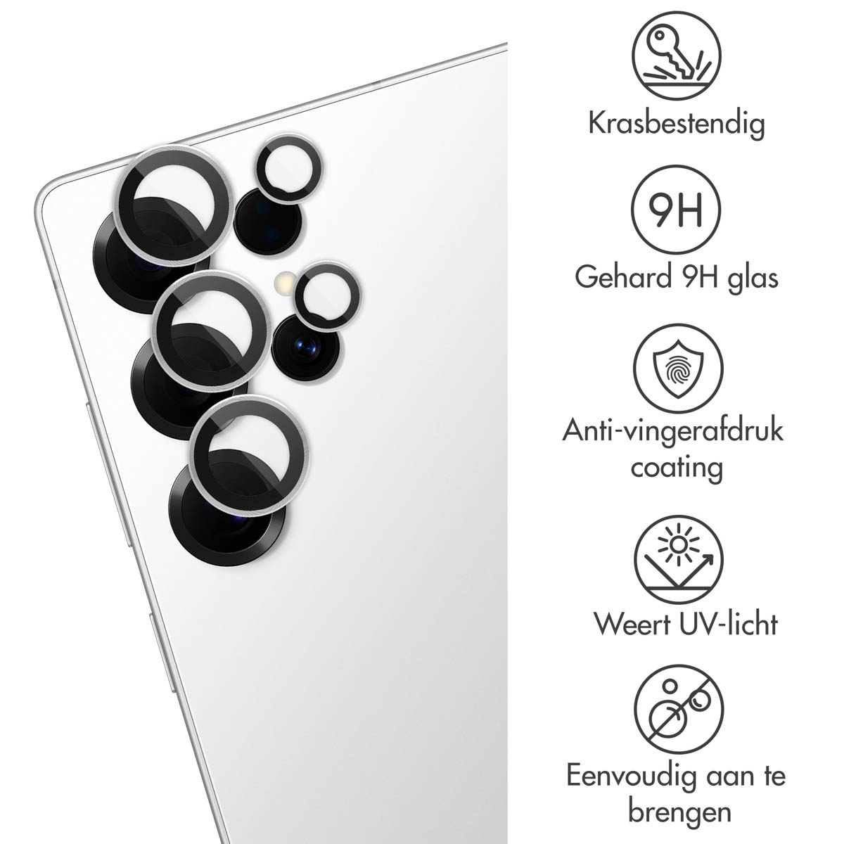 Witte telefoon met cameralensbeschermers. Pictogrammen tonen krasbestendigheid, hard glas, enz.