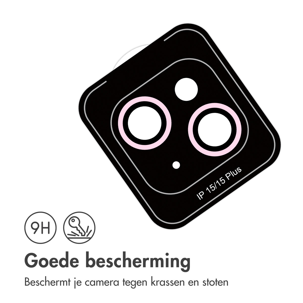 Black camera lens protector with white circles. Text: Good protection. Protects against scratches and bumps.
