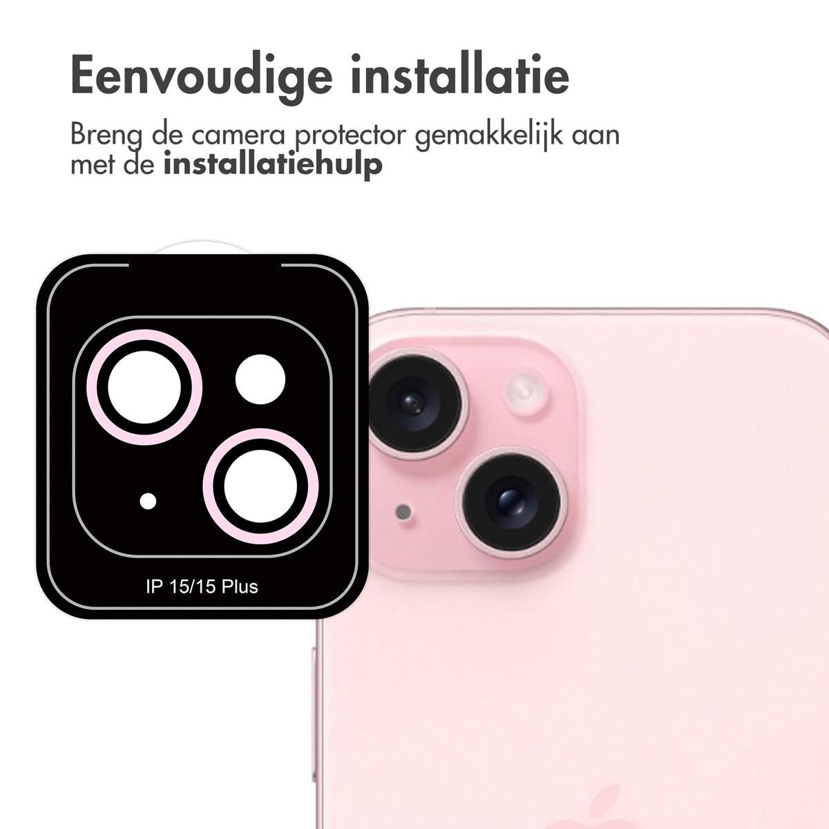 A black camera protector next to a pink phone. Text: 'IP 15/15 Plus'. The protector has two circles.