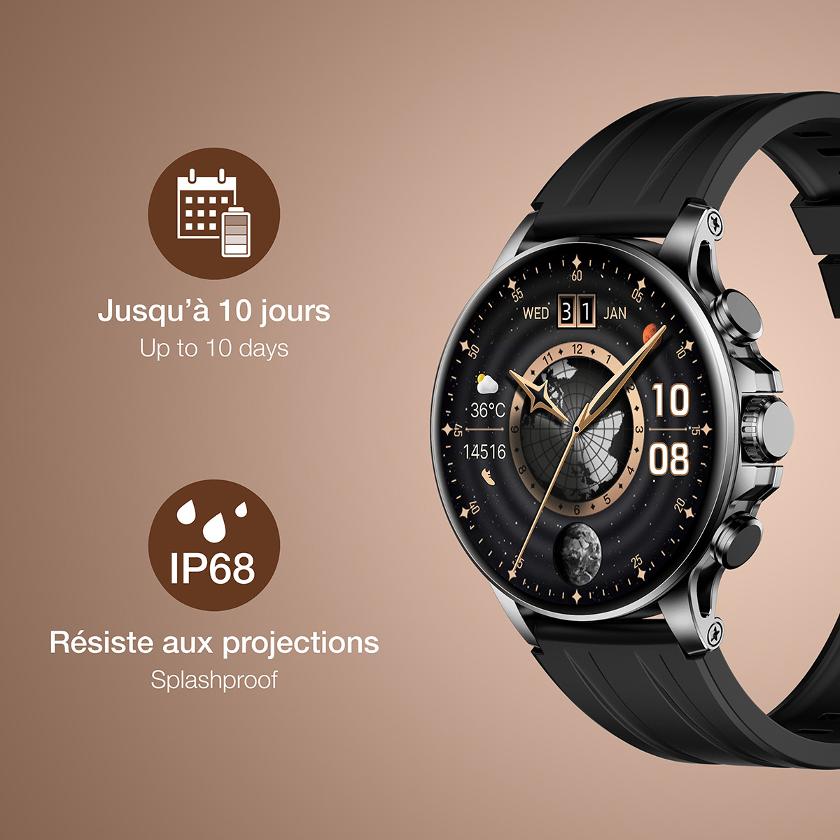 Une smartwatch noire affiche l'heure, la date et la météo.