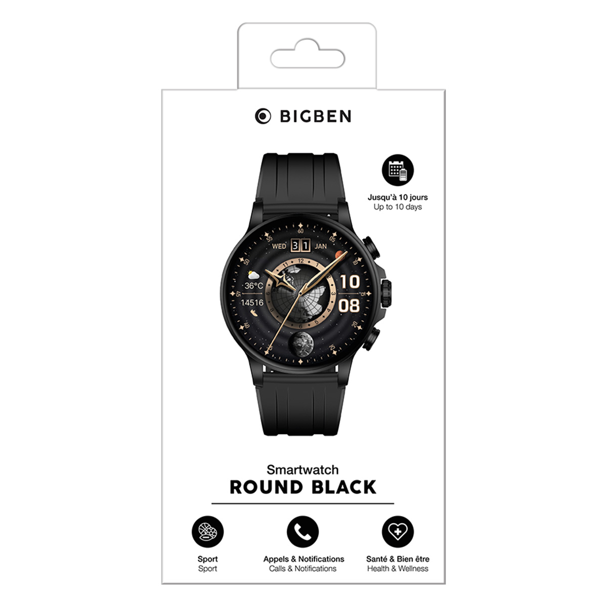 Boîte de montre connectée avec montre noire. Marque 'BIGBEN'. Modèle 'Round Black'.