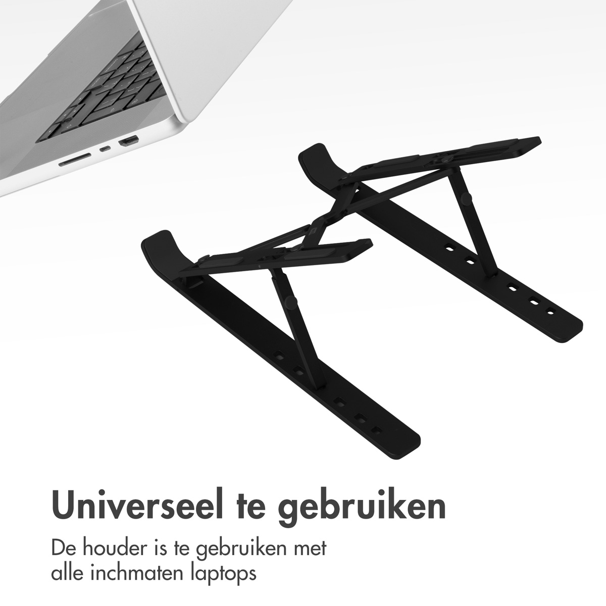 Two black laptop stands on a white surface. The stands are adjustable and angled.