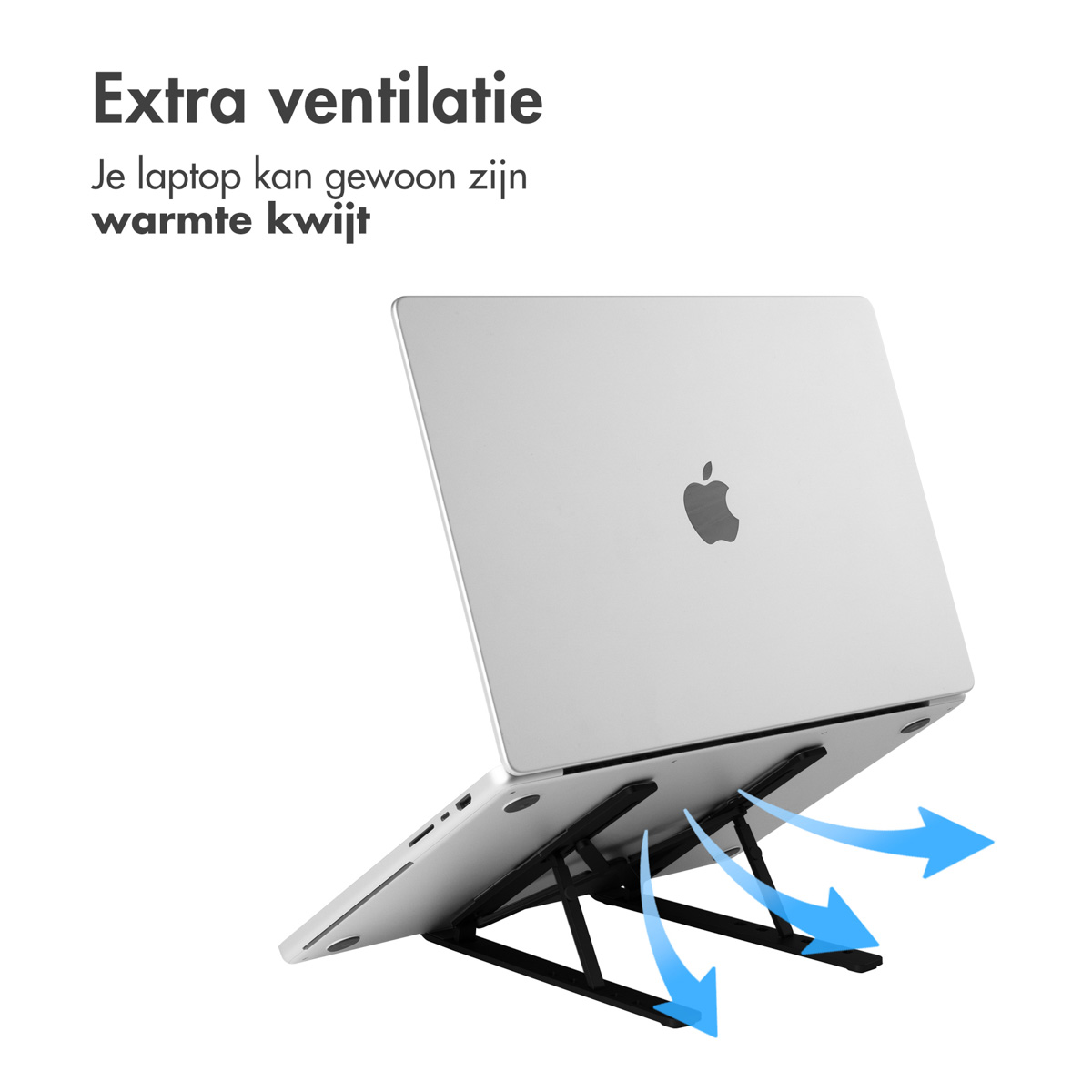 Laptop on a stand with blue arrows indicating airflow.