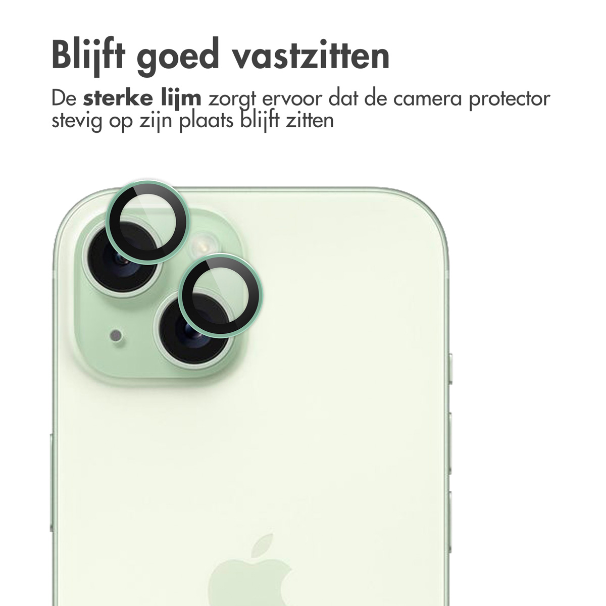 Phone with green camera lens protectors. Text: 'Stays in place'. The phone is mint green.