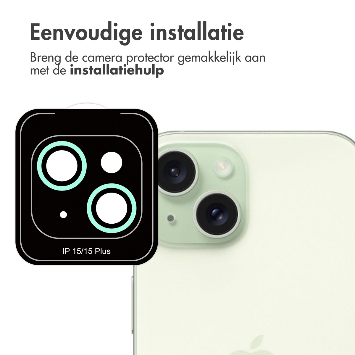 A black camera protector next to a green phone. Text: 'IP 15/15 Plus'. The protector has two circles.