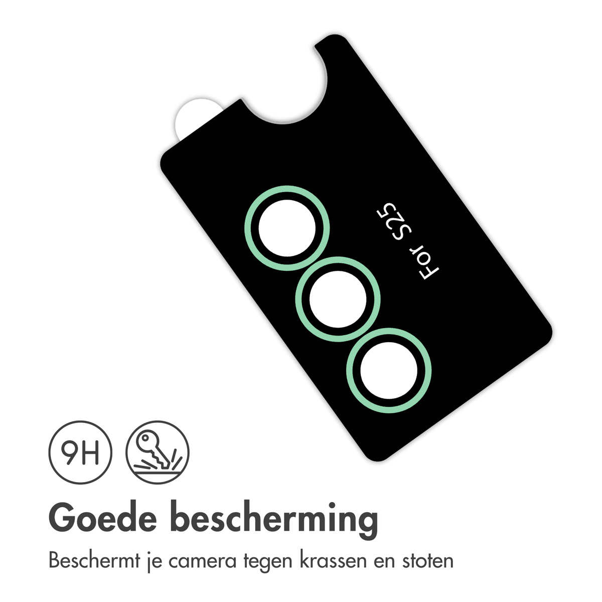 Zwarte cameralensbeschermer met witte cirkels. Tekst: Goede bescherming. Beschermt tegen krassen en stoten.