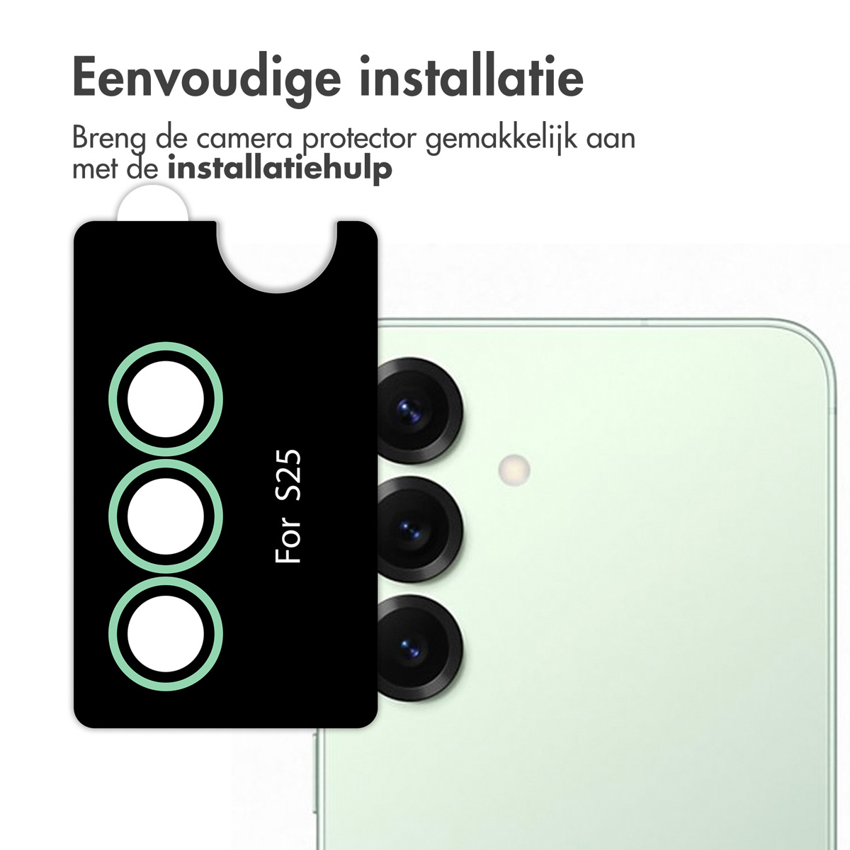 Een zwarte camerabeschermer naast een groene telefoon. Tekst: 'For S25 Plus'. De beschermer heeft drie cirkels.