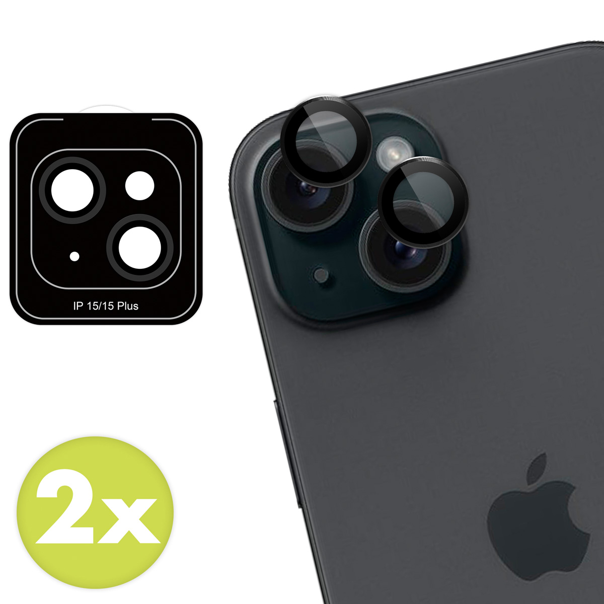 A phone with camera protectors on the camera lenses. Text: 'IP 15/15 Plus'. The phone is black.