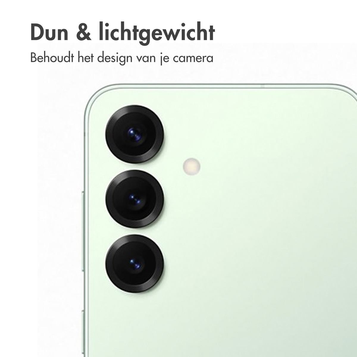 Groene telefoon met drie cameralenzen. Tekst: Dun & lichtgewicht, behoudt het ontwerp van de camera.