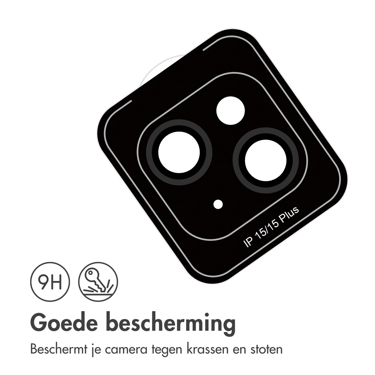 Black camera lens protector with white circles. Text: Good protection. Protects against scratches and bumps.