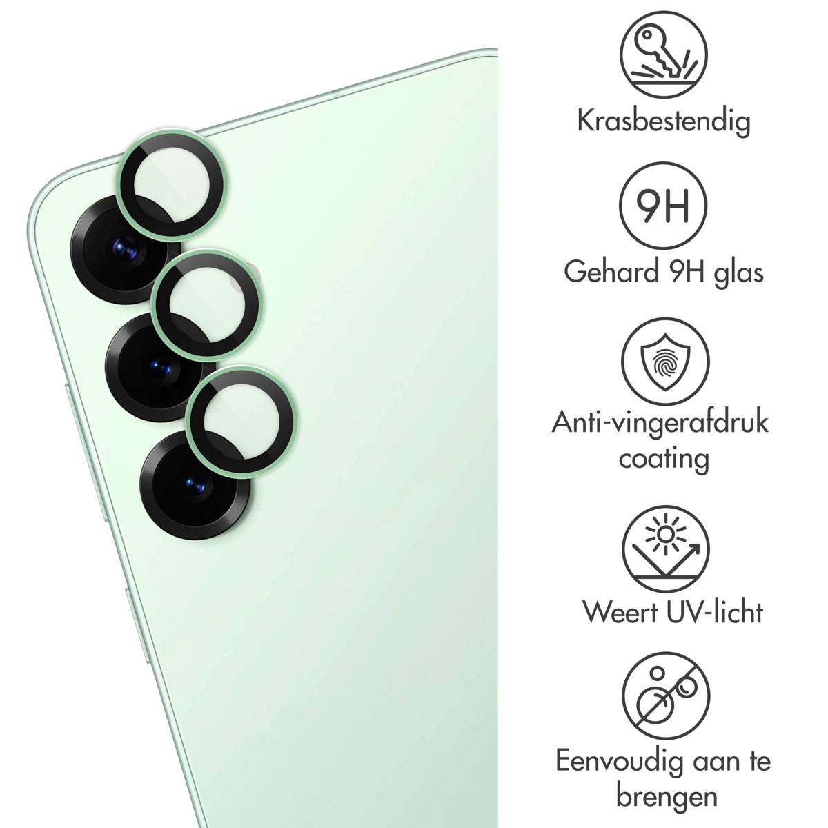 Groene telefoon met cameralensbeschermers. Pictogrammen tonen krasbestendigheid, 9H-glas en anti-vingerafdruk.