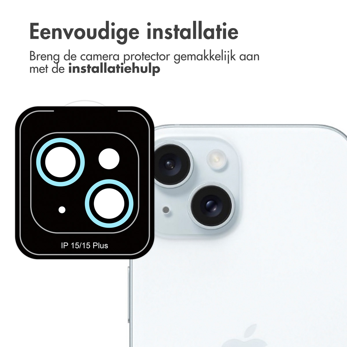 Black camera protector on a white phone, with white circles. Text says, 'Easy install'.