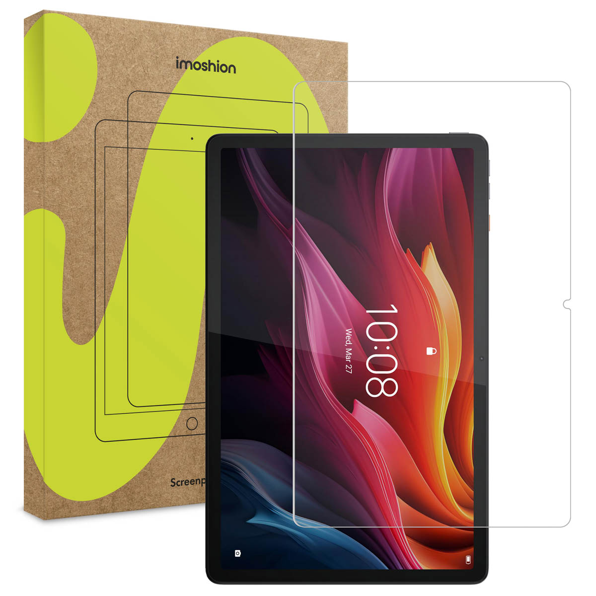 Tablet met een schermbeschermer en een kartonnen doos. De tablet toont een kleurrijk abstract beeld.
