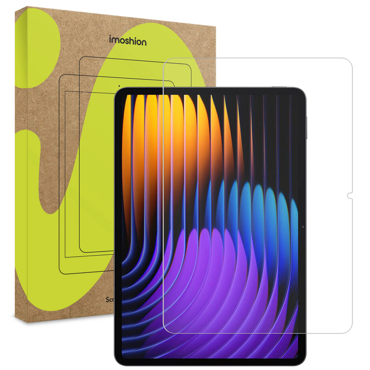 Tablet met schermbeschermer en doos. Tablet toont kleurrijke abstracte kunst. Doos heeft een contour.