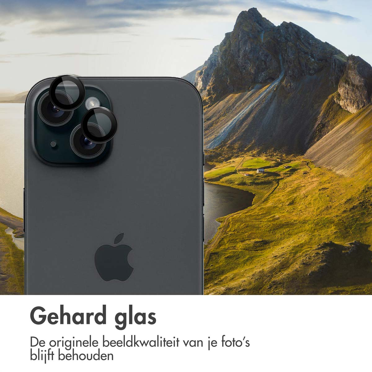 Black phone with camera lens protectors, image of mountains and lake in background. Text: 'Hard glass'.