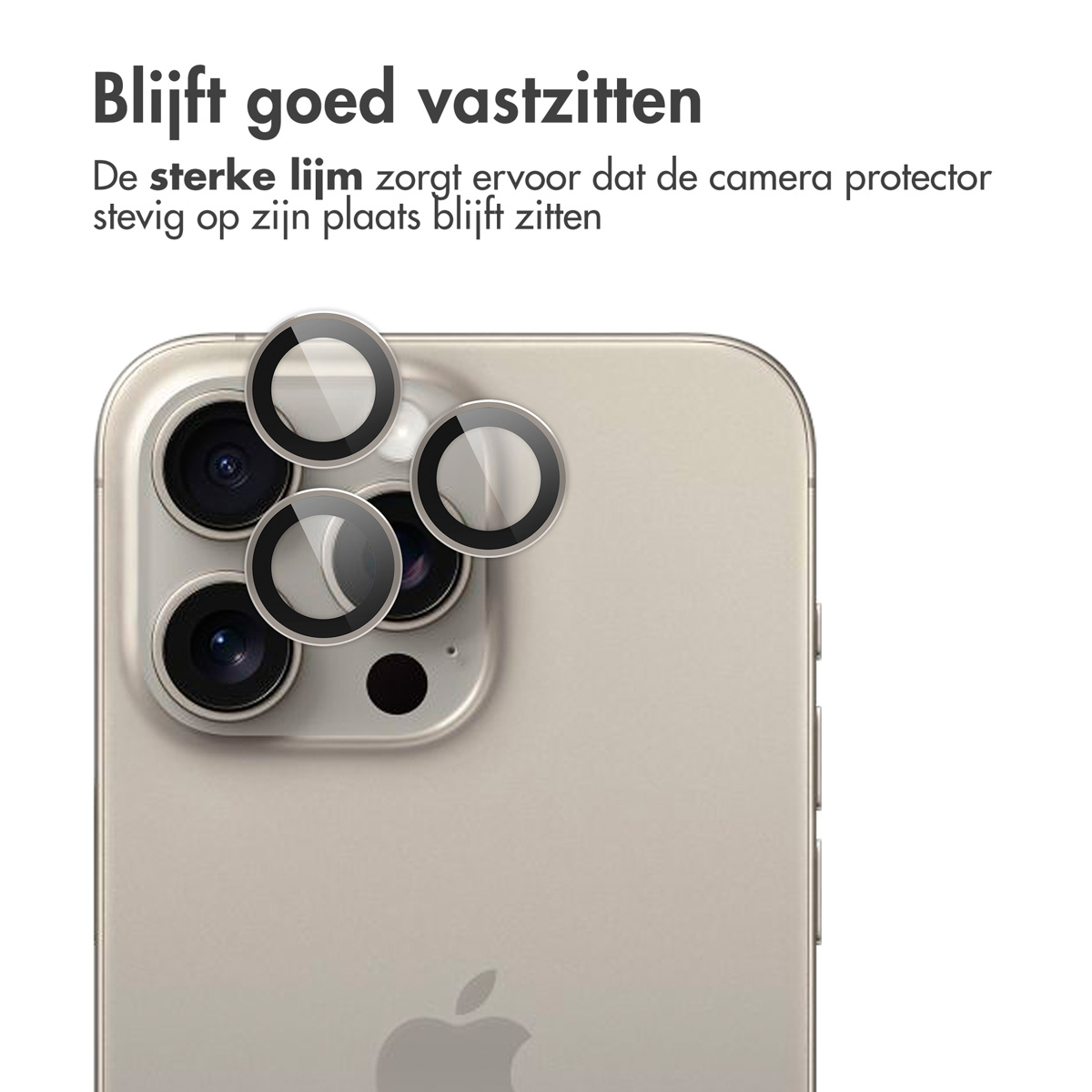 Protecteurs d'objectifs de caméra sur un téléphone doré. Le texte indique que le protecteur tient bien.