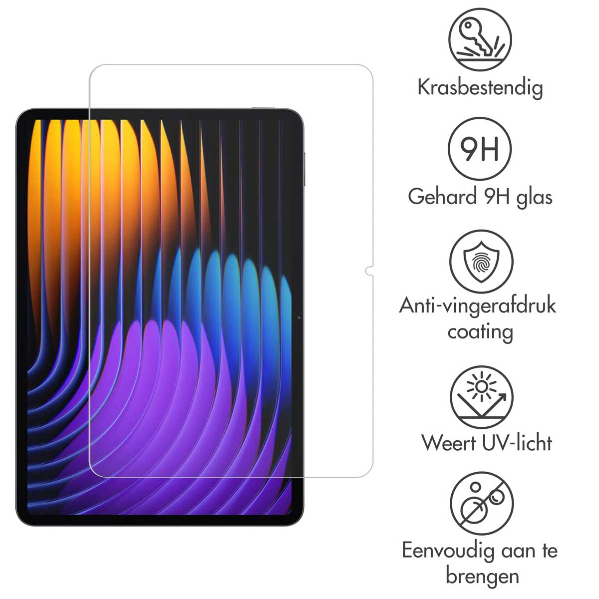 Tablet met schermbeschermer. Iconen over bescherming rechts.