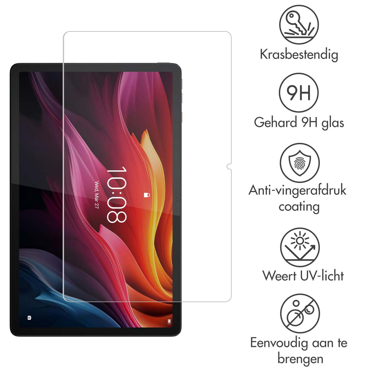 Een tablet met een schermbeschermer. Het heeft een roze en paarse achtergrond met iconen.