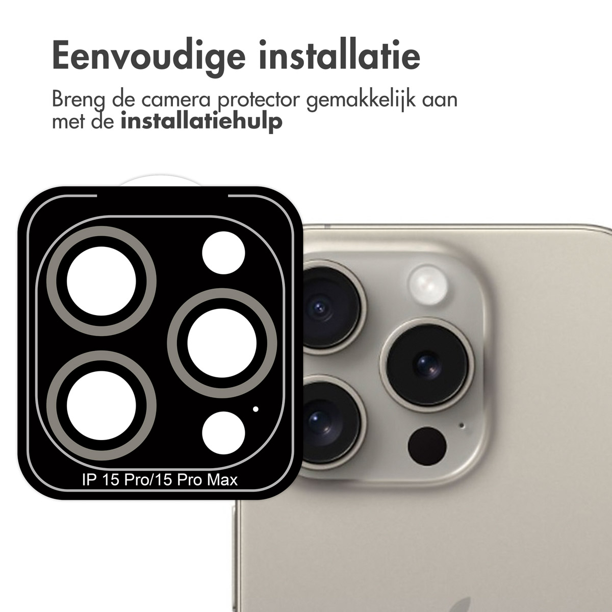 Protecteur d'objectif de caméra, noir avec cercles blancs. Le téléphone est doré, le protecteur est sur les objectifs.