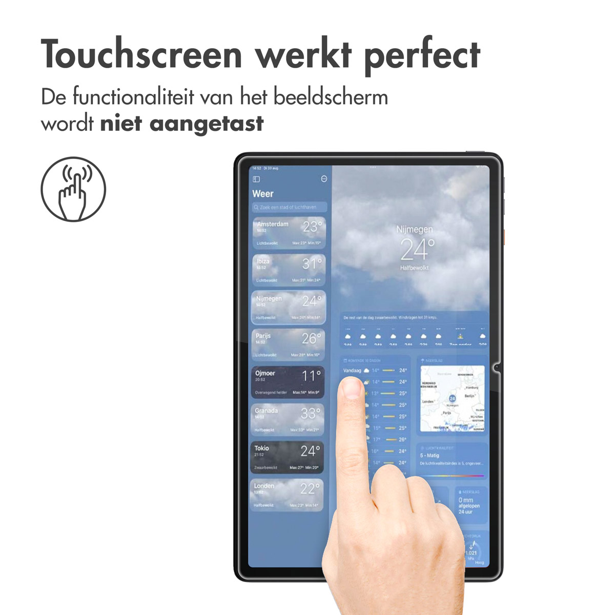 Een hand raakt een tablet aan met een weer-app en een stadskaart.