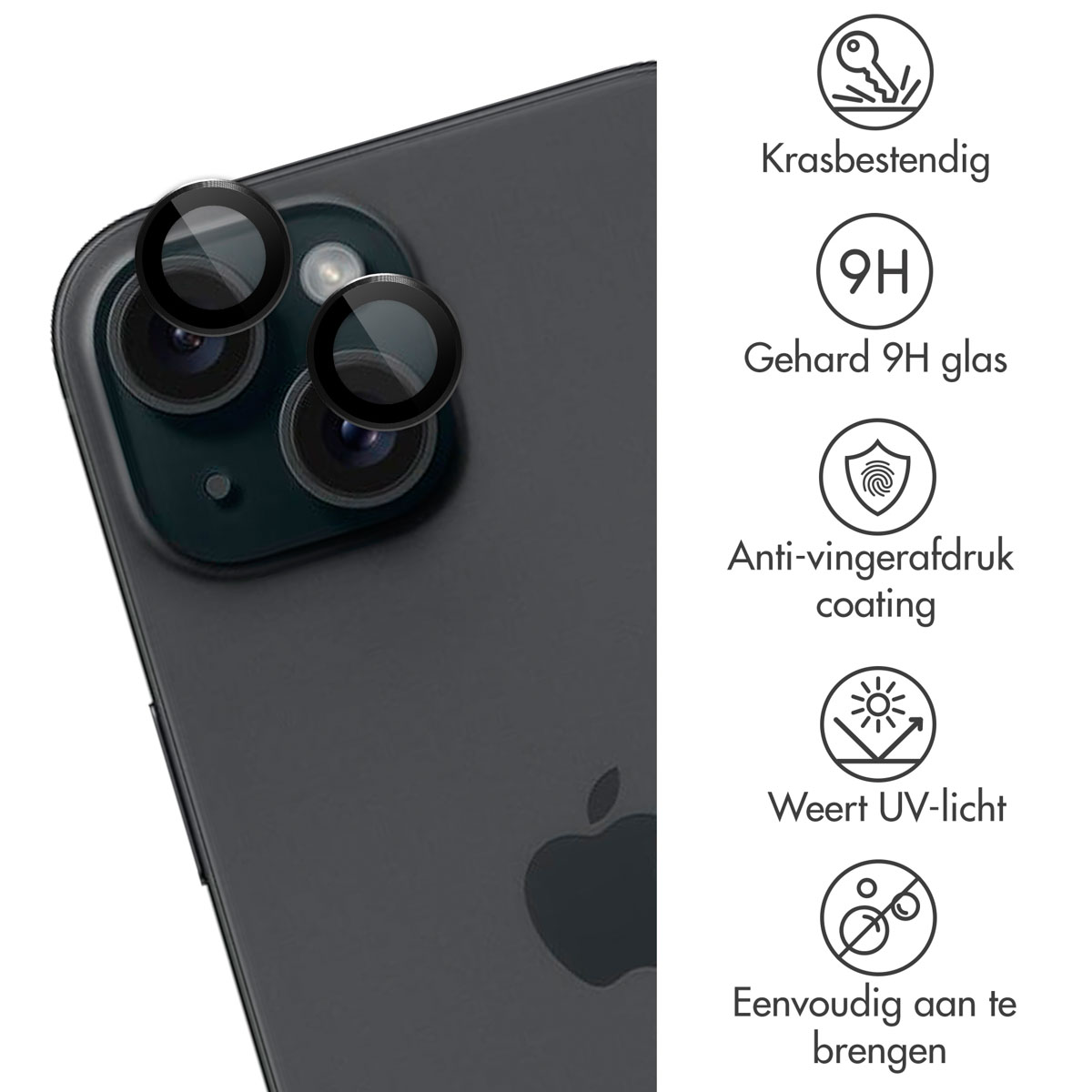 Dark phone with lens protectors applied. Text: Scratch-resistant, 9H glass, anti-fingerprint, UV light, easy to apply.