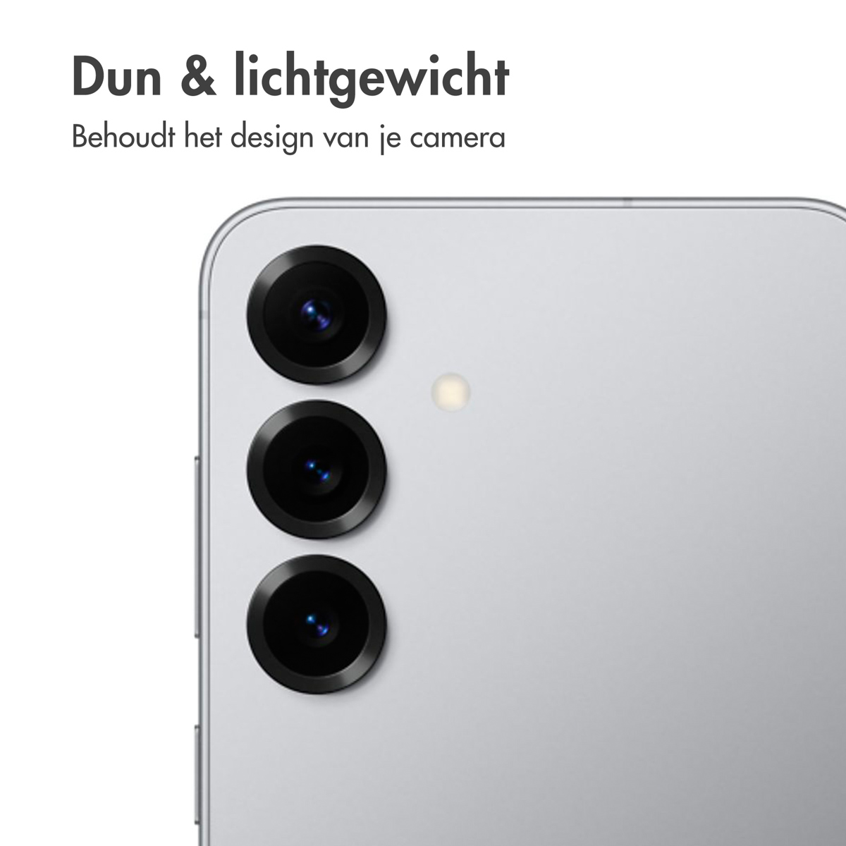 Dos du téléphone avec trois lentilles. Le texte dit 'fin et léger'.