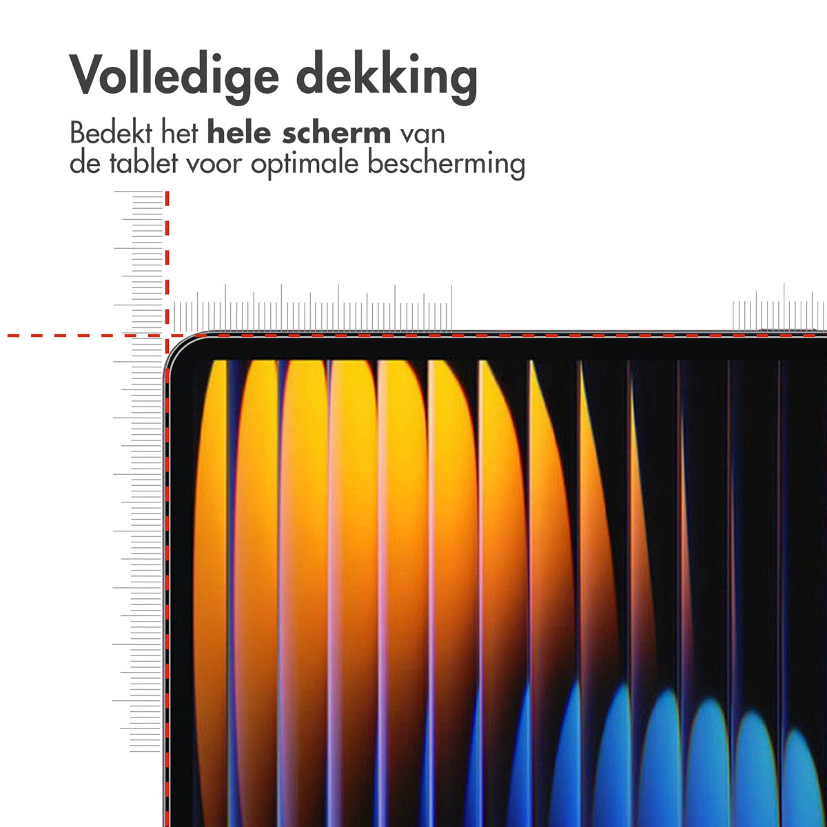 Tabletscherm met beschermfolie. Tekst: 'Volledige dekking'.