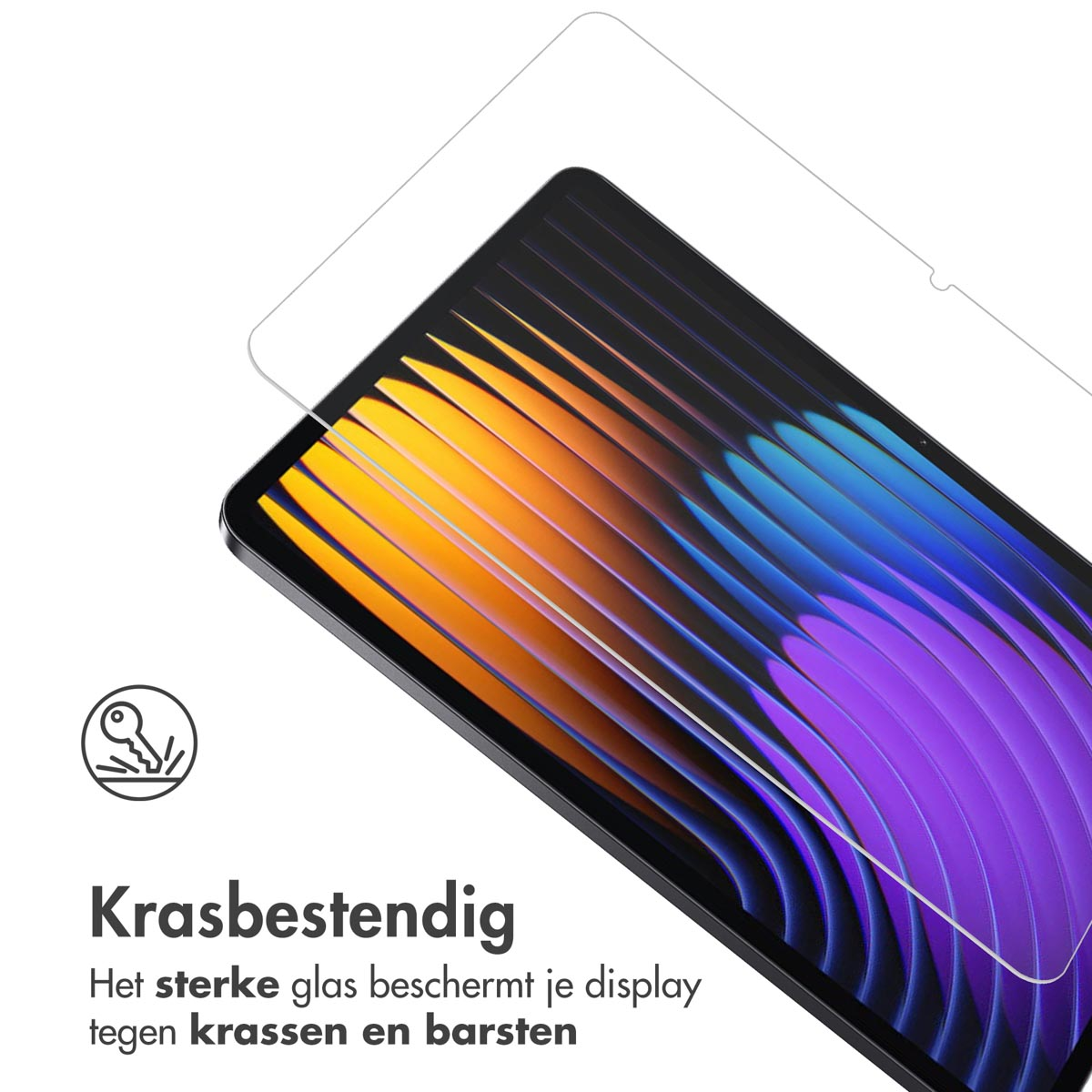 Een zwarte tablet met een screenprotector die erop wordt geplaatst. Een sleutelpictogram staat links.