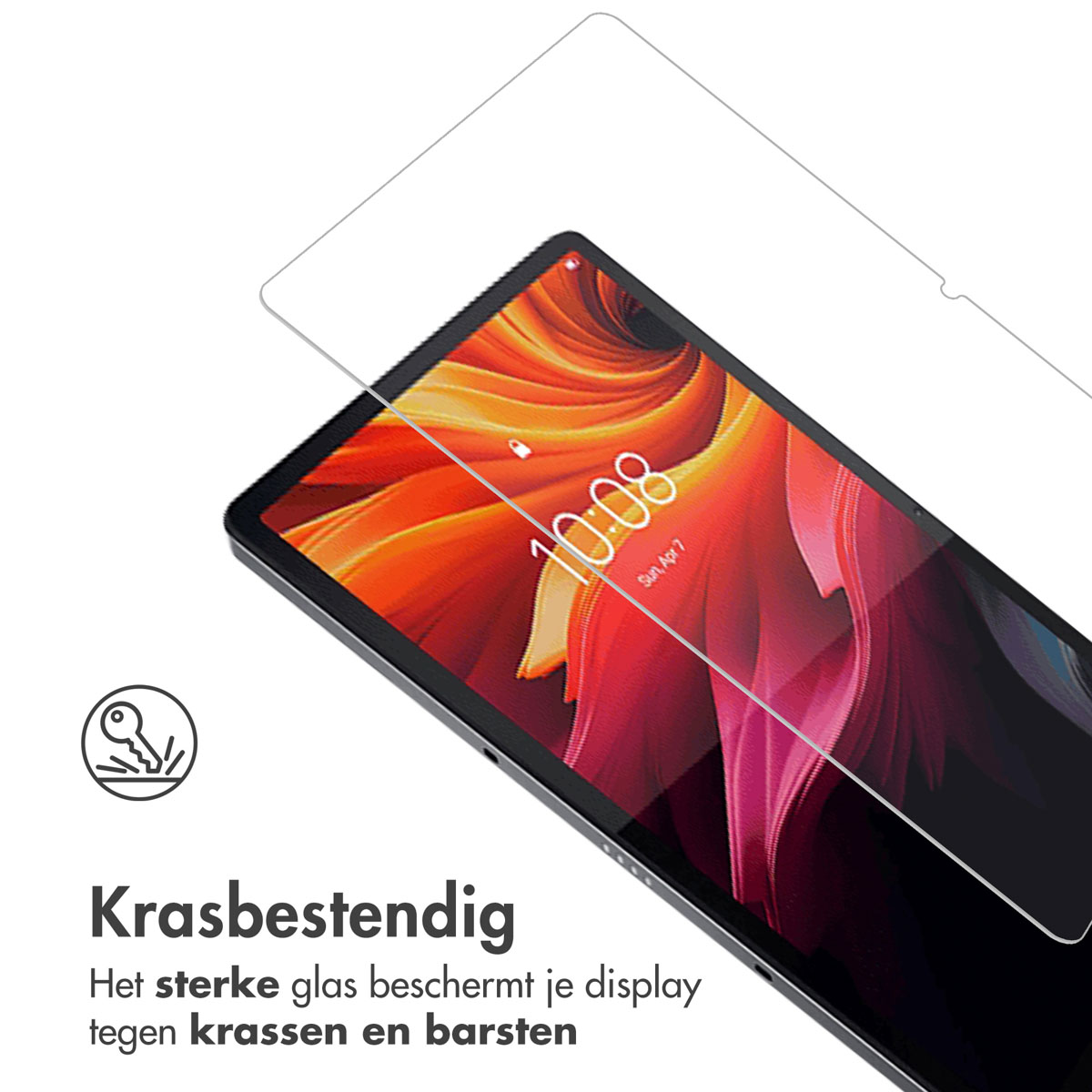 Tabletscherm met een heldere schermbeschermer. Tekst zegt: 'Krasbestendig'.
