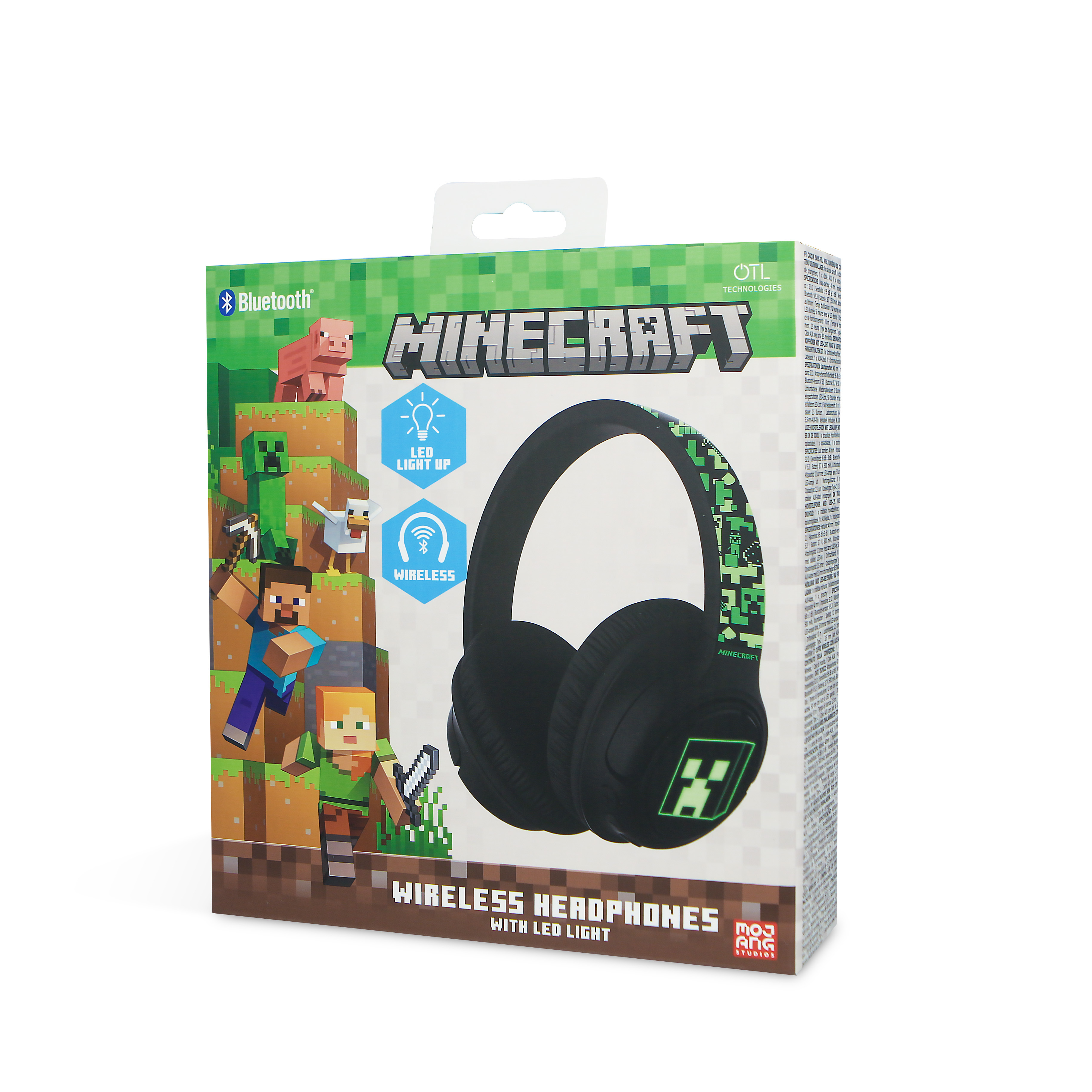 Schachtel mit Minecraft-Funkkopfhörern. Enthält Logos und Bilder von Minecraft-Charakteren und -Funktionen.