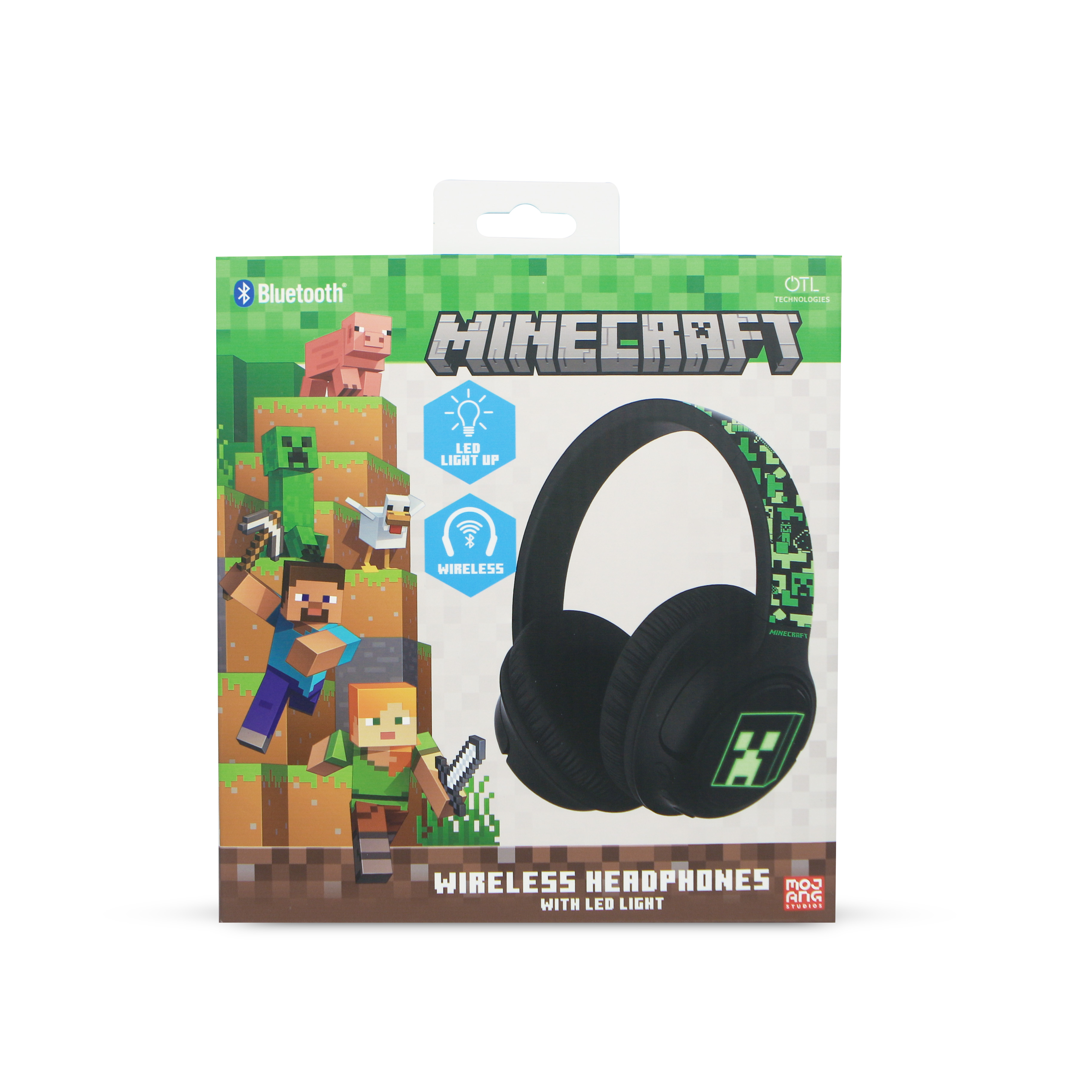 Eine Minecraft-Kopfhörerbox. Die Box zeigt Minecraft-Charaktere. Die Kopfhörer sind kabellos und haben LED-Licht.