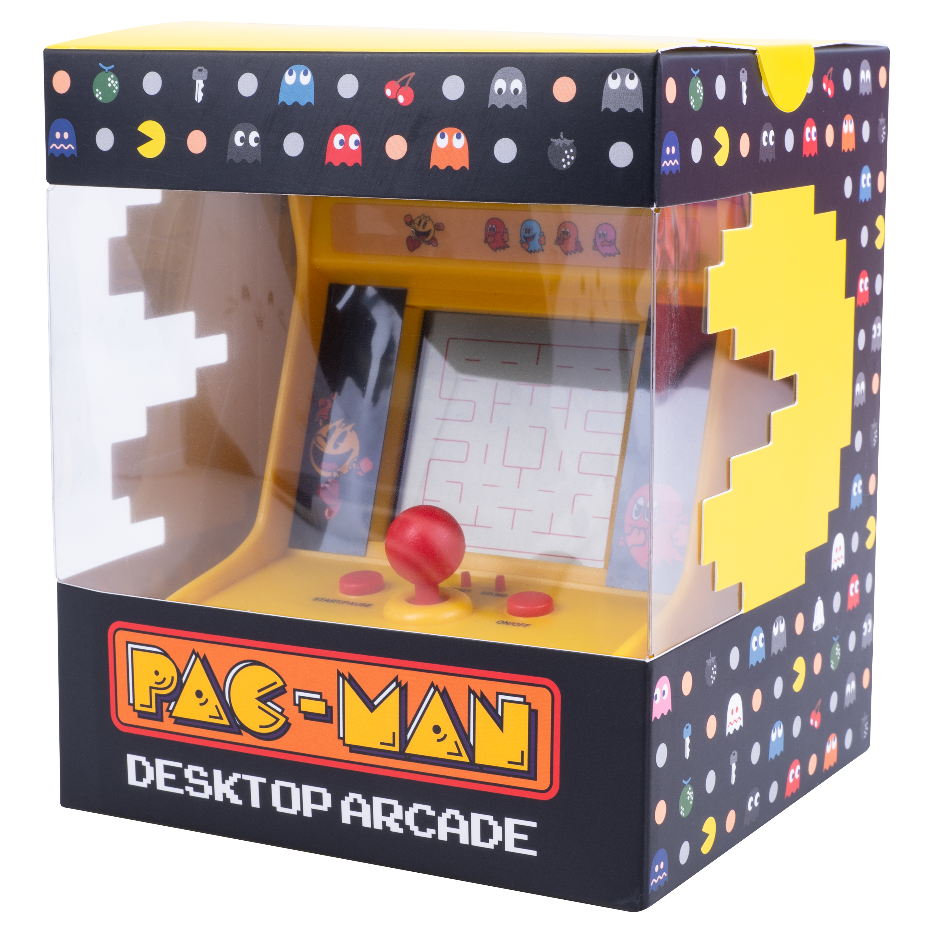 Pac-Man Desktop Arcade in doos. Gele kast, heldere voorkant, Pac-Man-graphics.