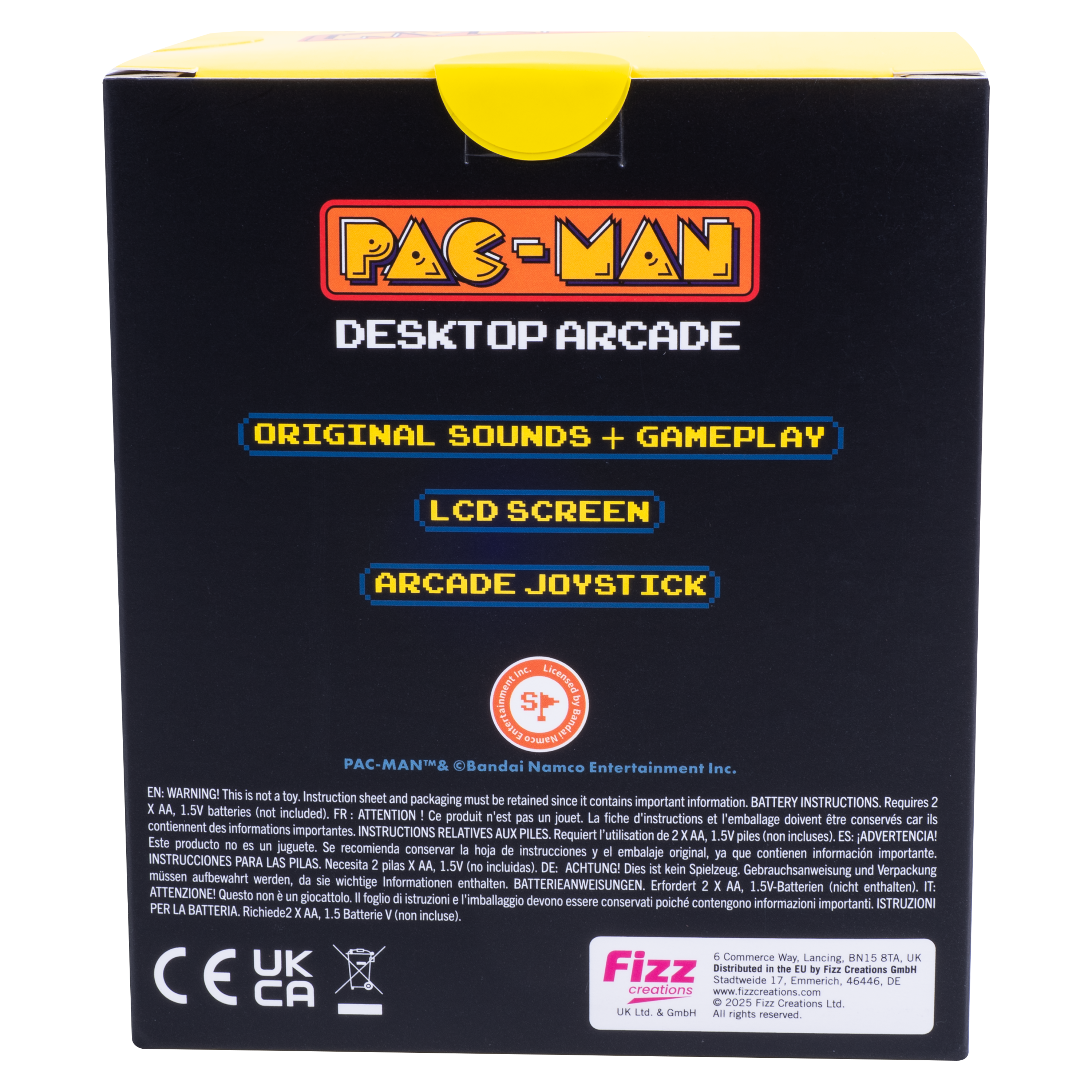 Pac-Man arcade gamebox. De doos toont de arcade machine, tekst over originele geluiden en gameplay.