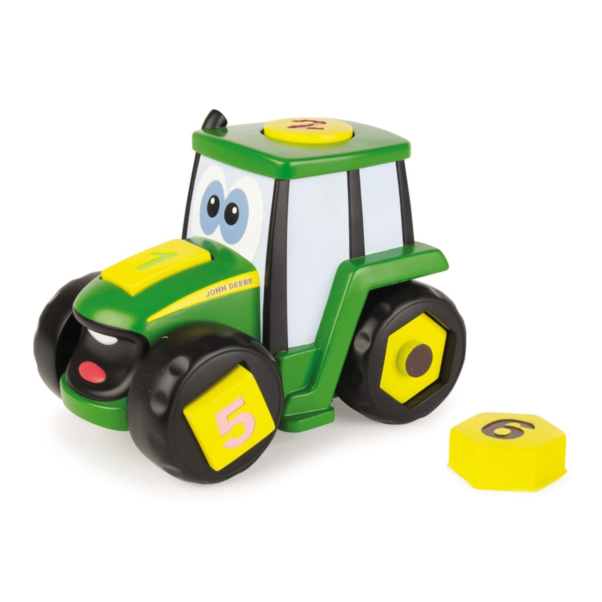 Zielony i żółty traktor zabawka z numerami. Zawiera osobny żółty kształt.