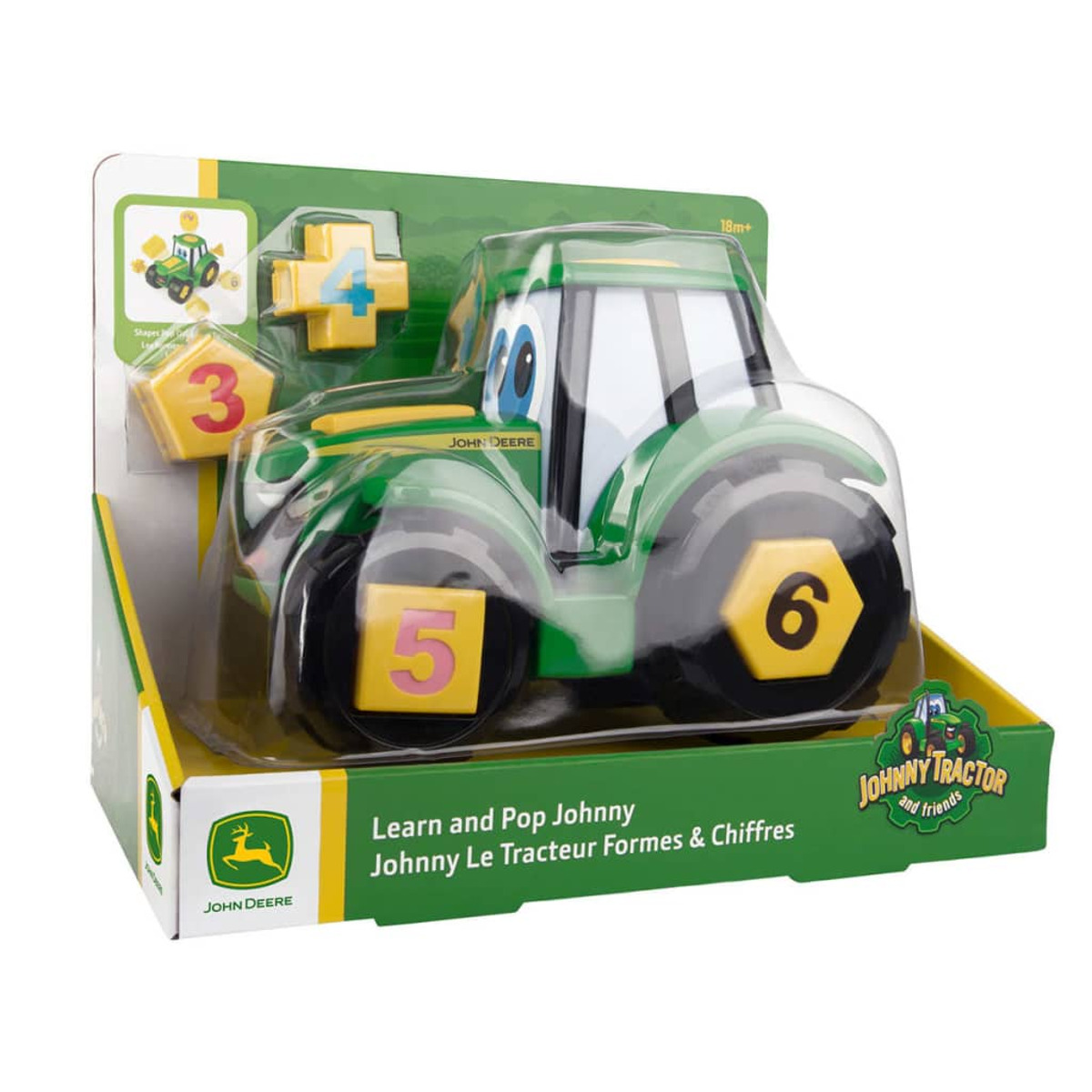 Zielony traktor zabawka. Zabawka ma numery 5 i 6 na kołach oraz żółte 3 i 4 na górze.