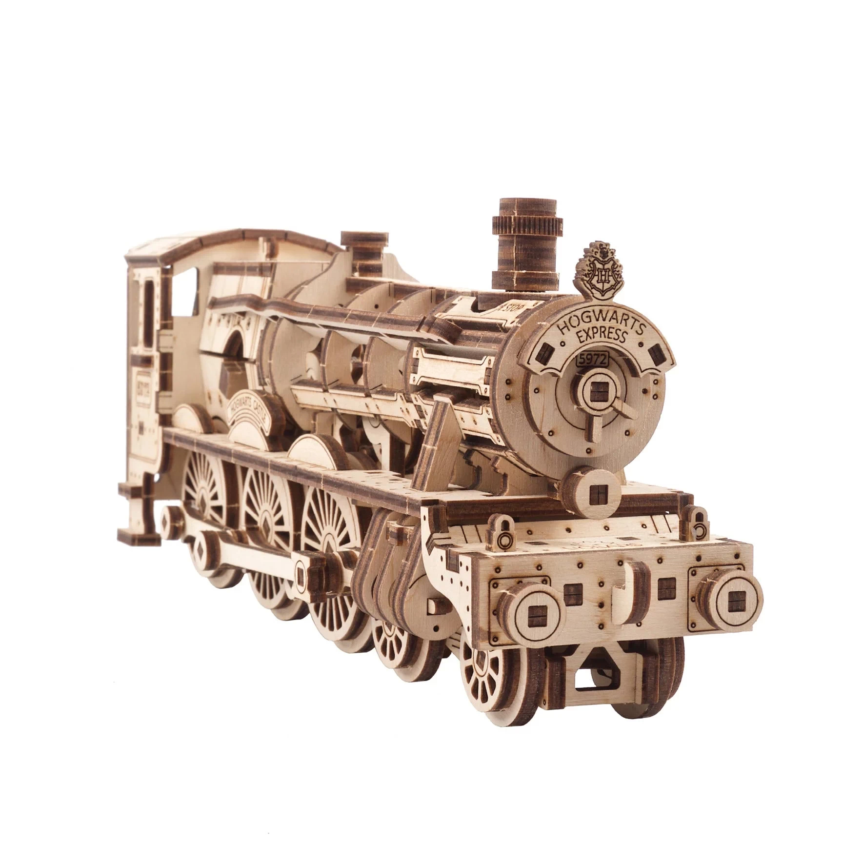 Modèle de train en bois Hogwarts Express, détaillé, avec l'écusson de Poudlard.
