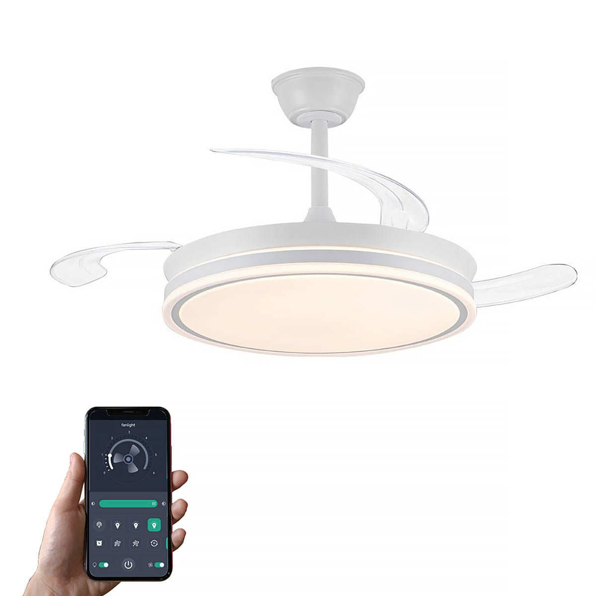 Ventilatore da soffitto bianco con luci, controllato tramite app per telefono. Il telefono mostra la velocità della ventola.