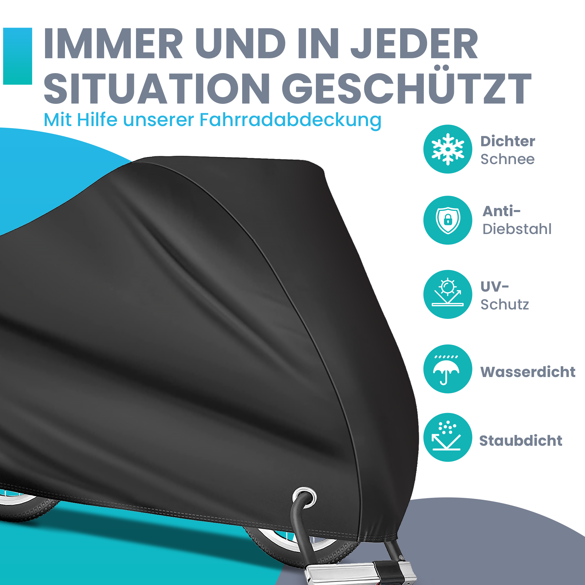 Eine schwarze Fahrradabdeckung mit Symbolen für Schnee, Diebstahl, UV, wasserdicht, staubdicht.
