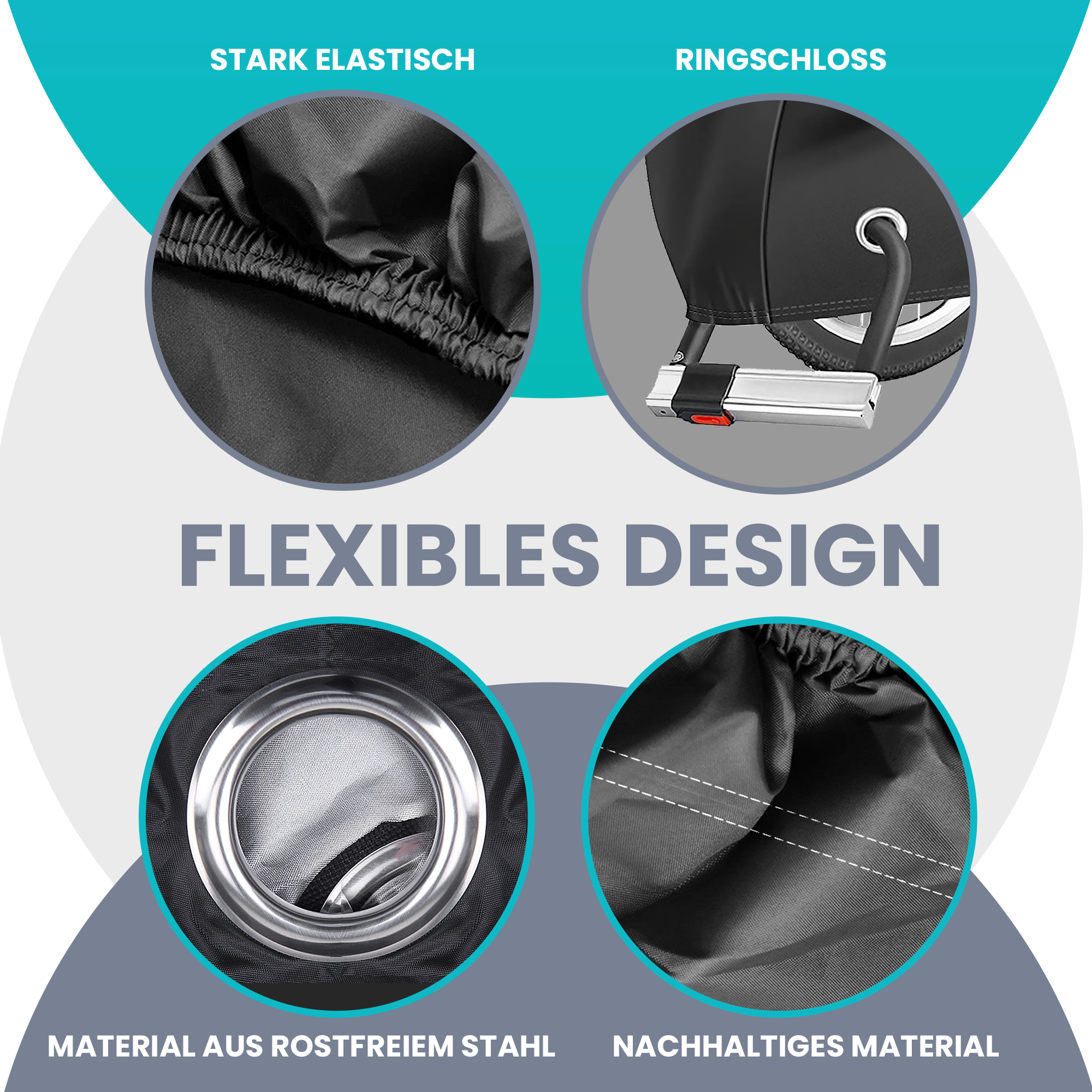 Nahaufnahme des Stoffes mit Elastik, Ringschloss und Details des flexiblen Designs.