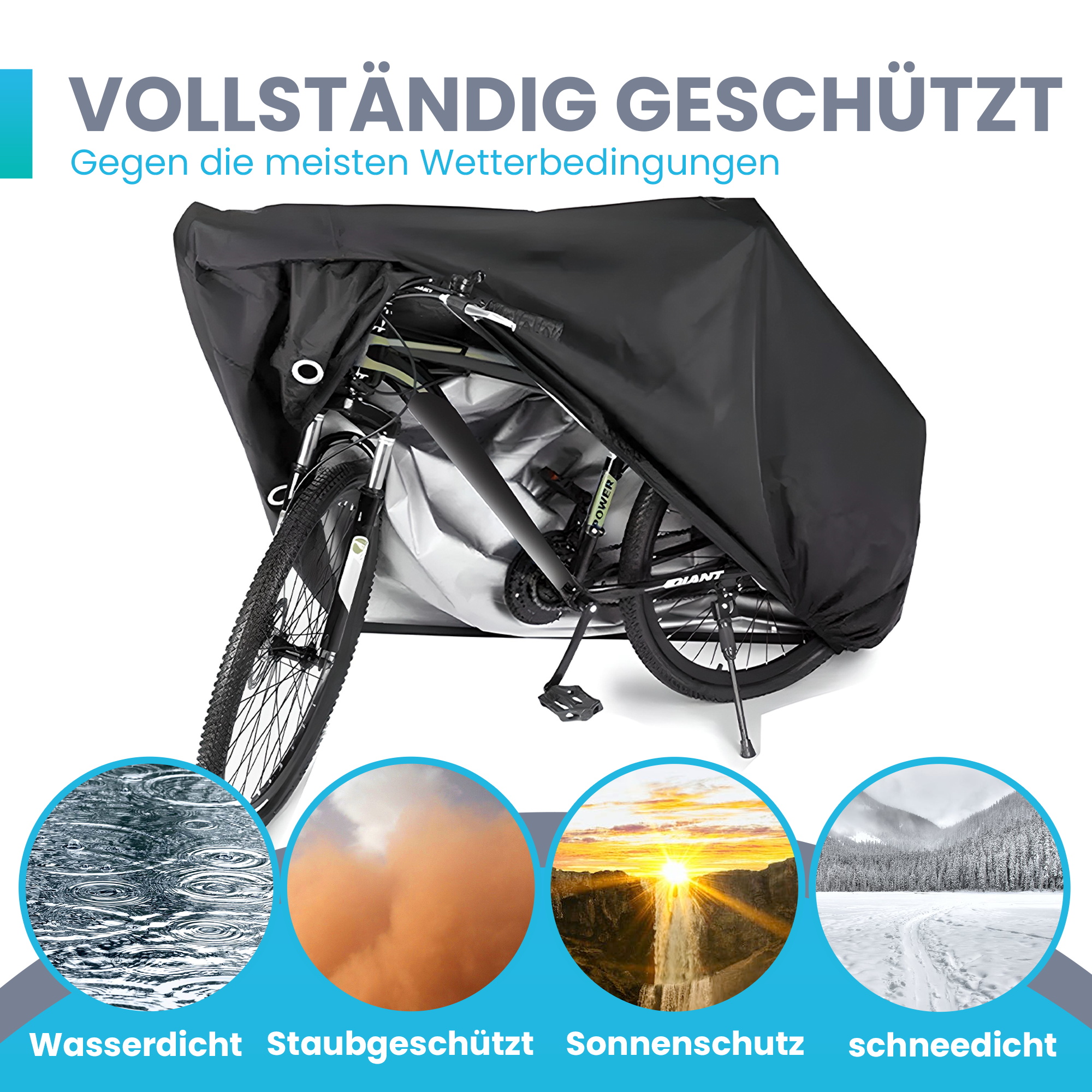 Ein Fahrrad ist mit einer schwarzen Schutzhülle mit Text und Bildern von Wetterbedingungen bedeckt.